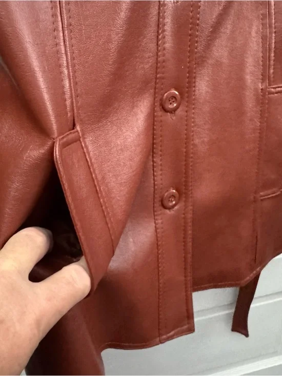 Vintage Brown Faux Leather Belted Jacket Womens M Western Shacket - Picture 10 of 11